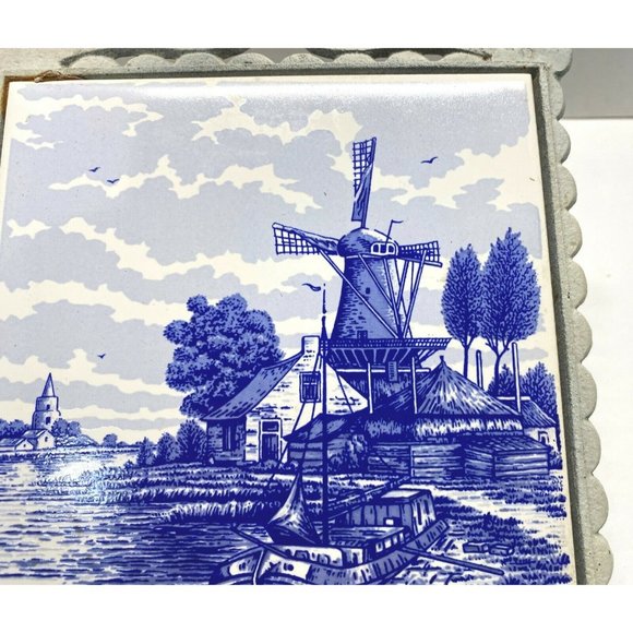 Vintage Dutch Windmill Trivet Countryside Boats Blue White Tile Made in Japan - Picture 7 of 12